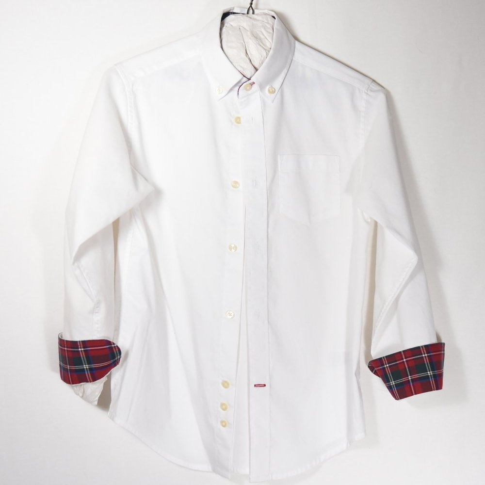 Tommy Hilfiger Boys White Long Sleeve Button-down w/Plaid Cuff Accent.  Size 10
